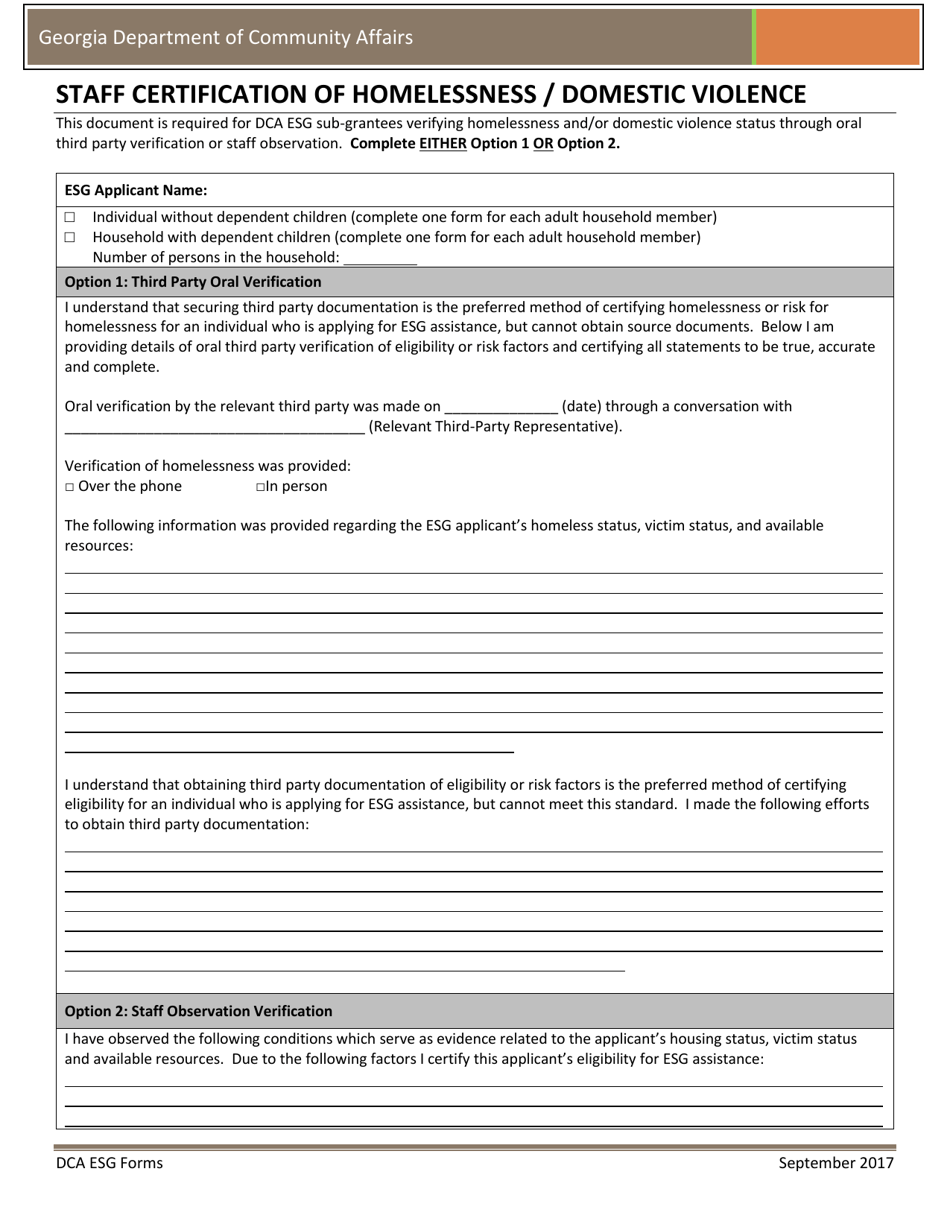 Staff Certification of Homelessness / Domestic Violence - Georgia (United States), Page 1