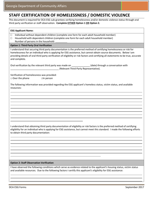 Staff Certification of Homelessness / Domestic Violence - Georgia (United States) Download Pdf