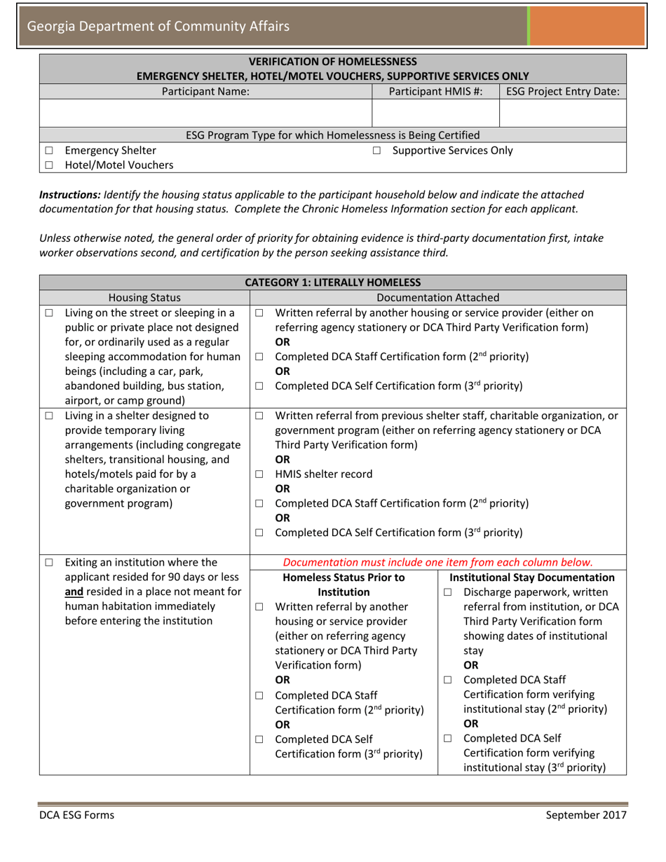 Verification of Homelessness Emergency Shelter, Hotel / Motel Vouchers, Supportive Services Only - Georgia (United States), Page 1