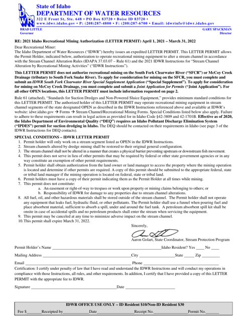 Idaho Recreational Mining Authorization (Letter Permit) - Idaho Download Pdf
