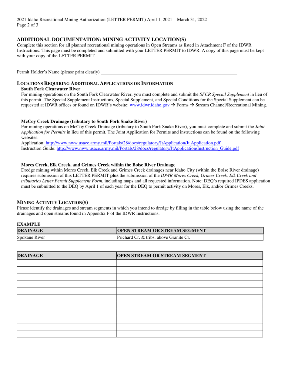 Idaho Recreational Mining Authorization (Letter Permit) - Idaho, Page 2
