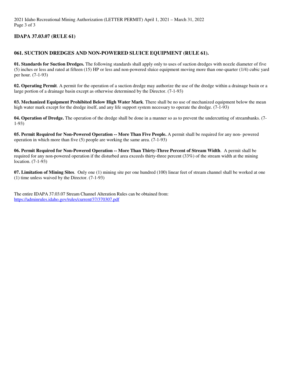 Idaho Recreational Mining Authorization (Letter Permit) - Idaho, Page 3