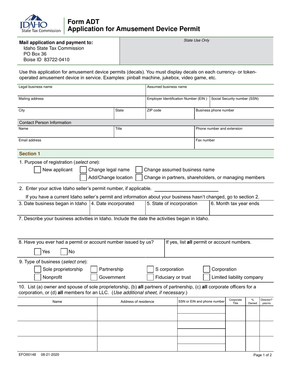Form ADT (EFO00148) Application for Amusement Device Permit - Idaho, Page 1