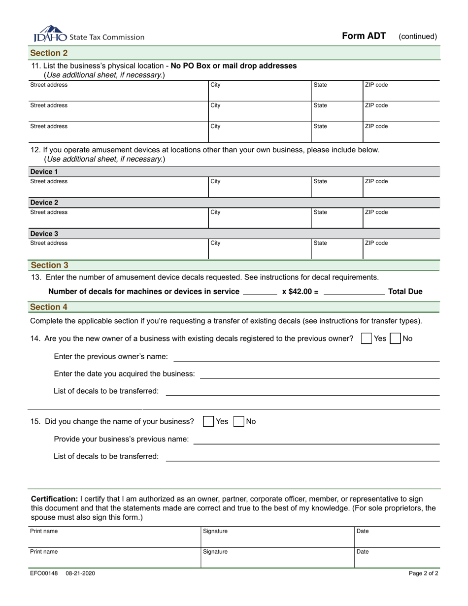 Form ADT (EFO00148) Application for Amusement Device Permit - Idaho, Page 2
