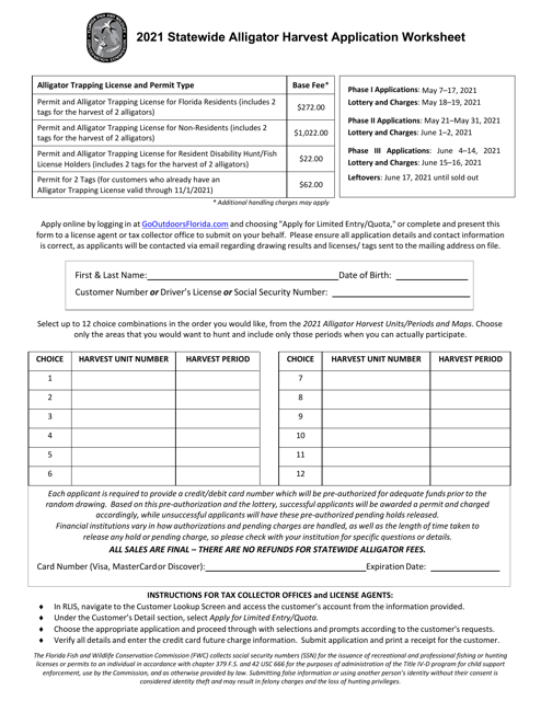 Statewide Alligator Harvest Application Worksheet - Florida Download Pdf