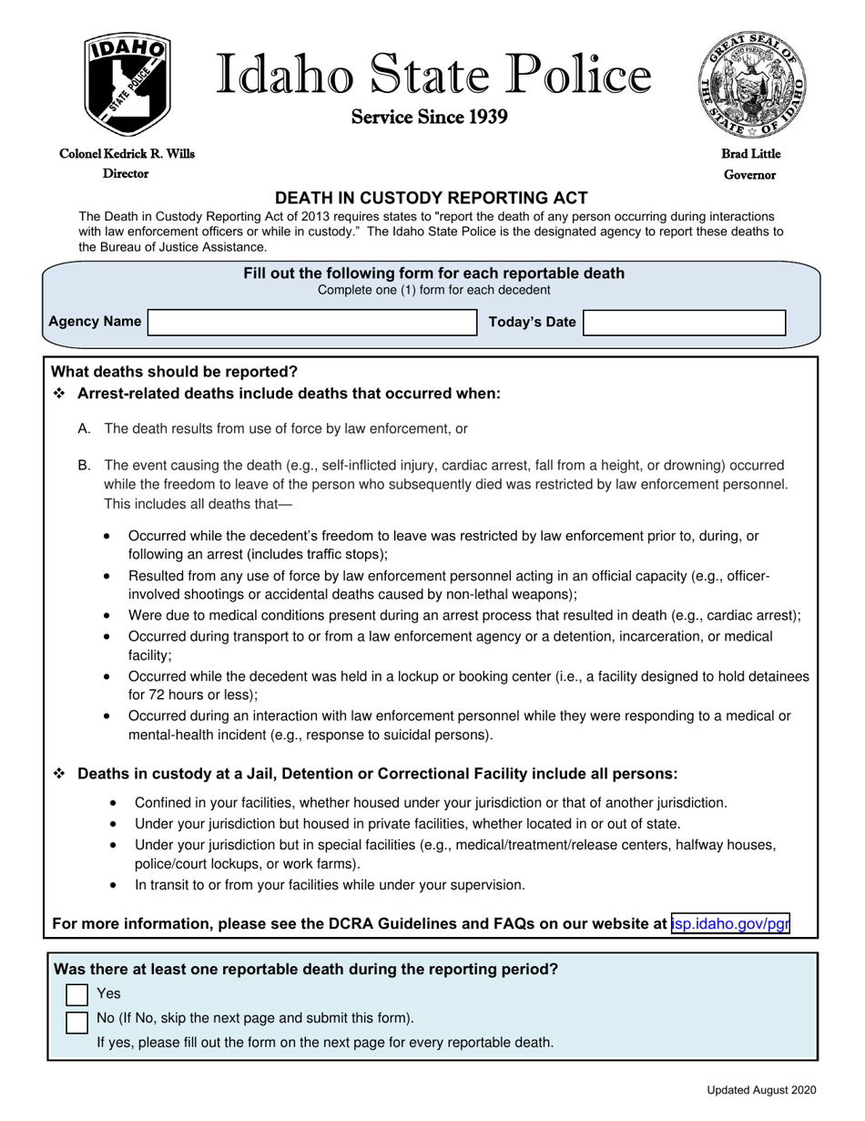 Death in Custody Reporting Act Form - Idaho, Page 1