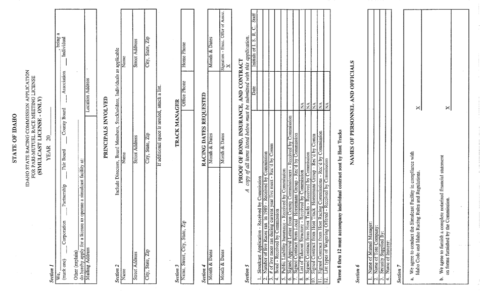 Application for Pari-Mutuel Race Meeting License (Simulcast License) - Idaho, Page 1