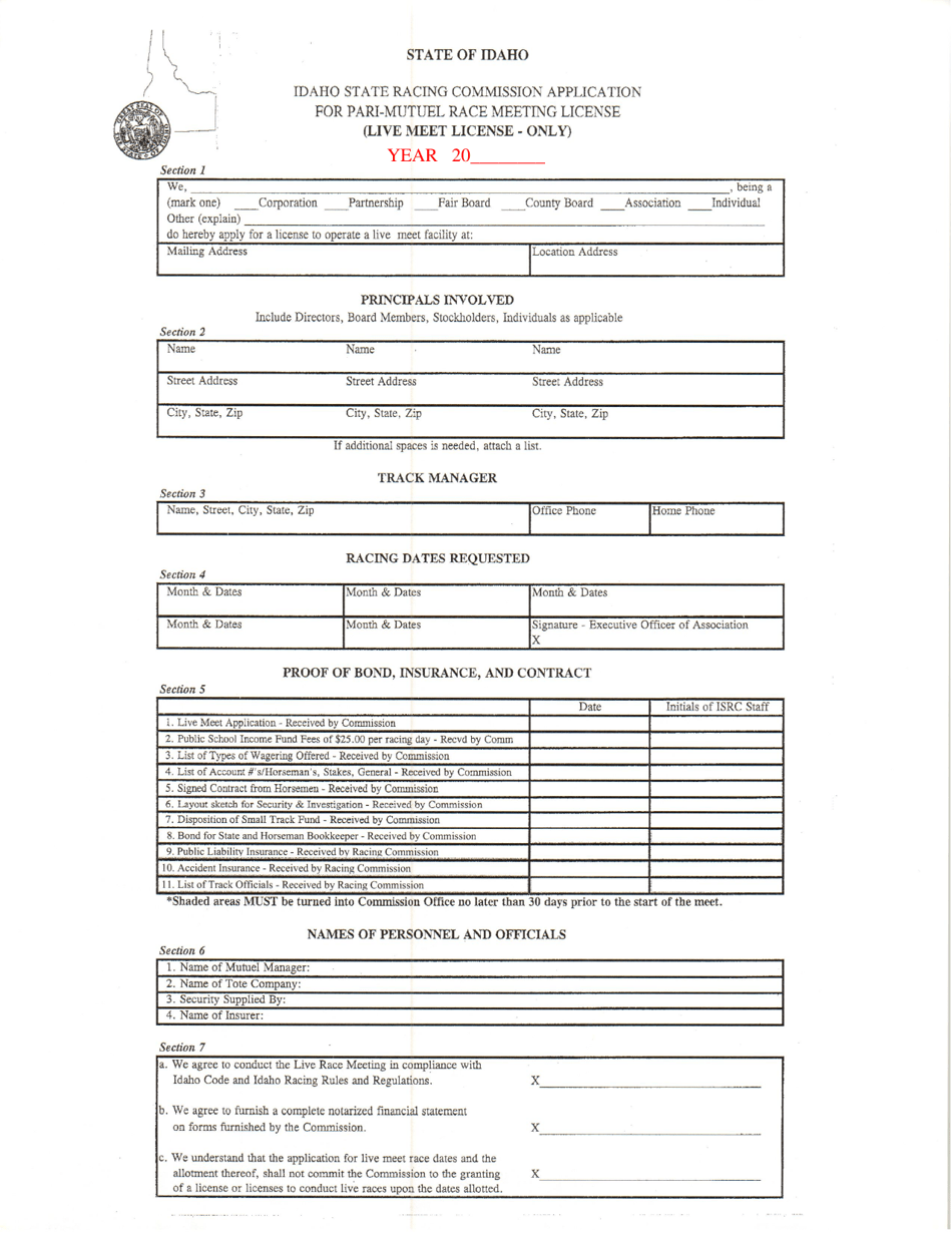 Application for Pari-Mutuel Race Meeting License (Live Meet License) - Idaho, Page 1