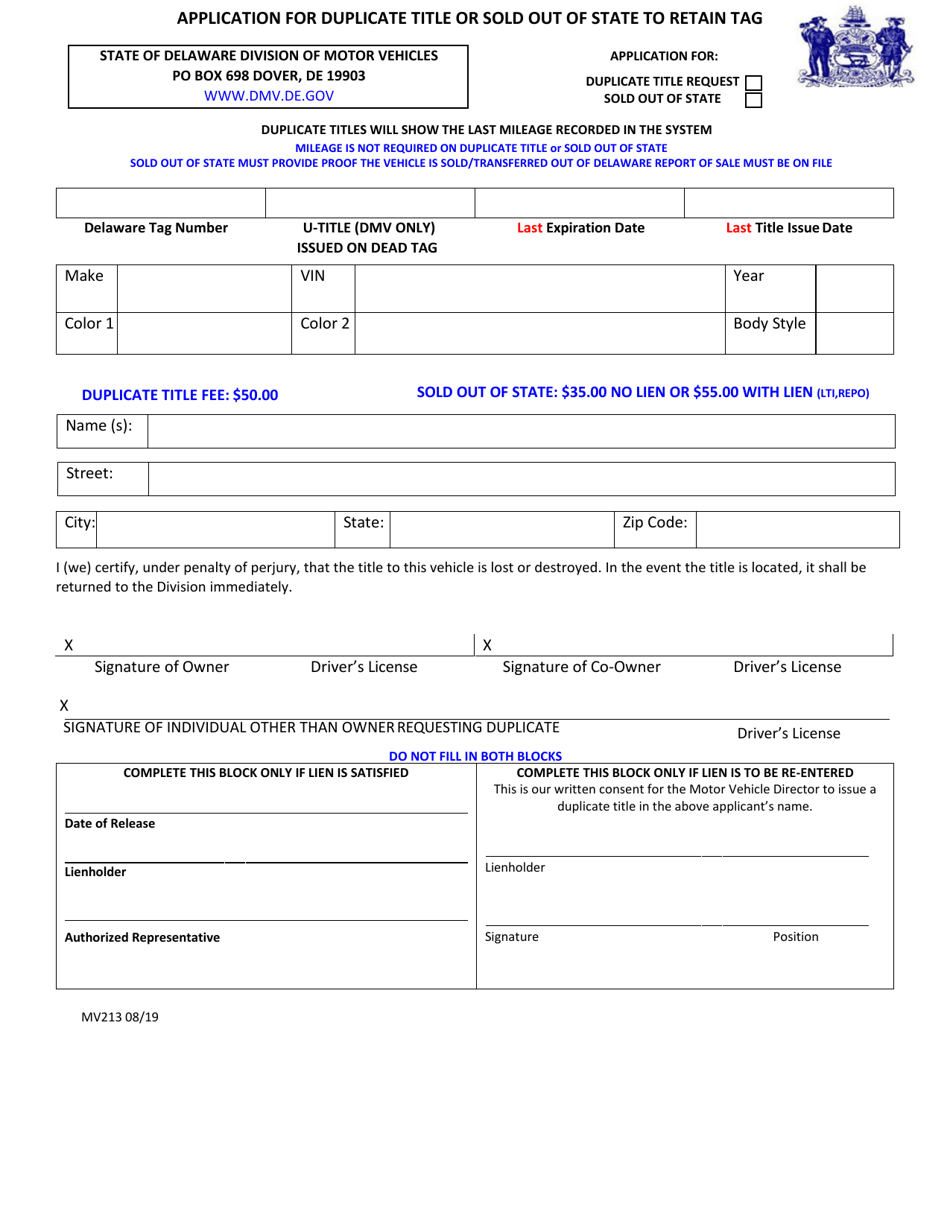 Form MV213 Application for Duplicate Title or Sold out of State to Retain Tag - Delaware, Page 1