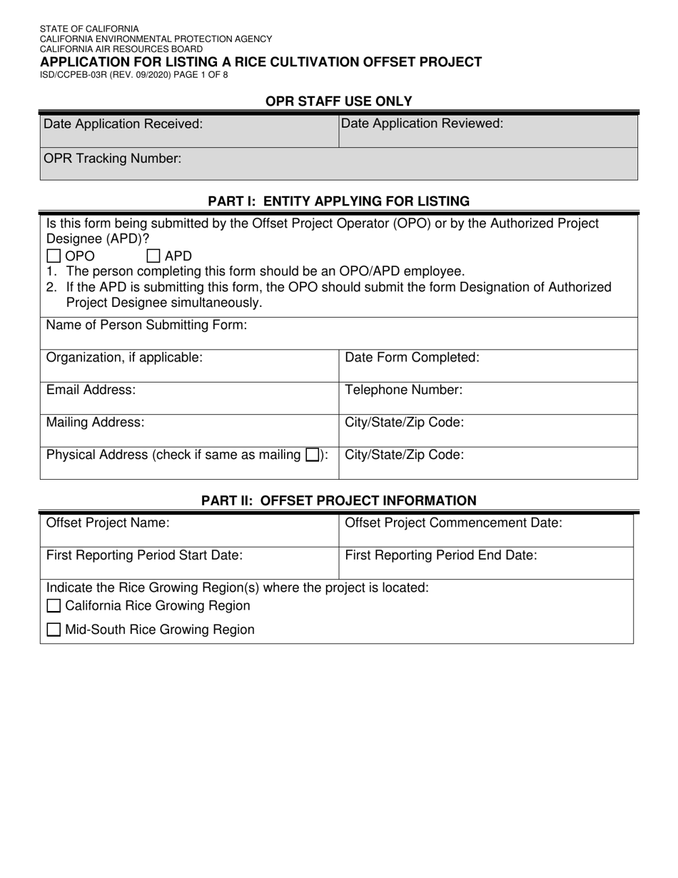 Form ISD / CCPEB-03R Application for Listing a Rice Cultivation Offset Project - California, Page 1