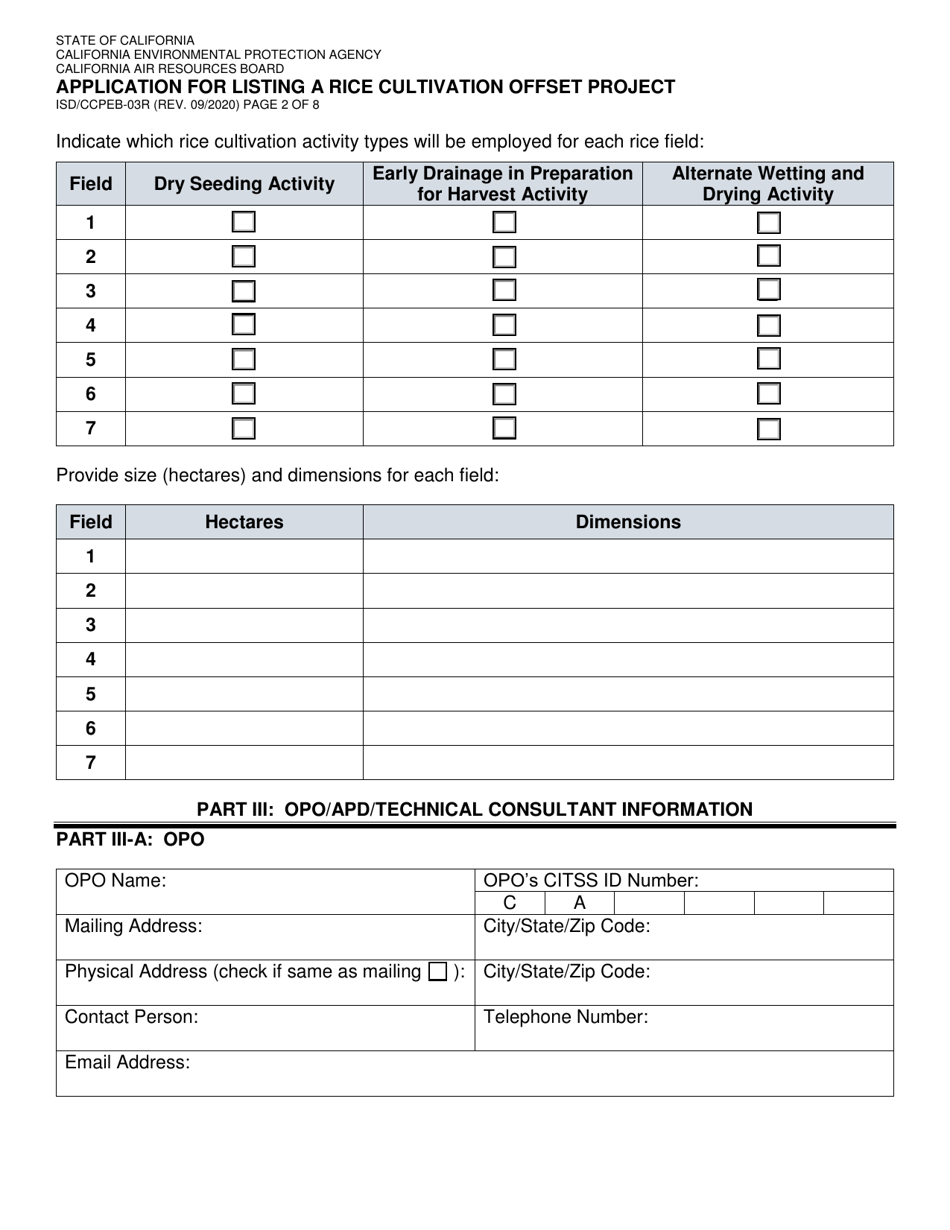 Form ISD / CCPEB-03R Application for Listing a Rice Cultivation Offset Project - California, Page 2