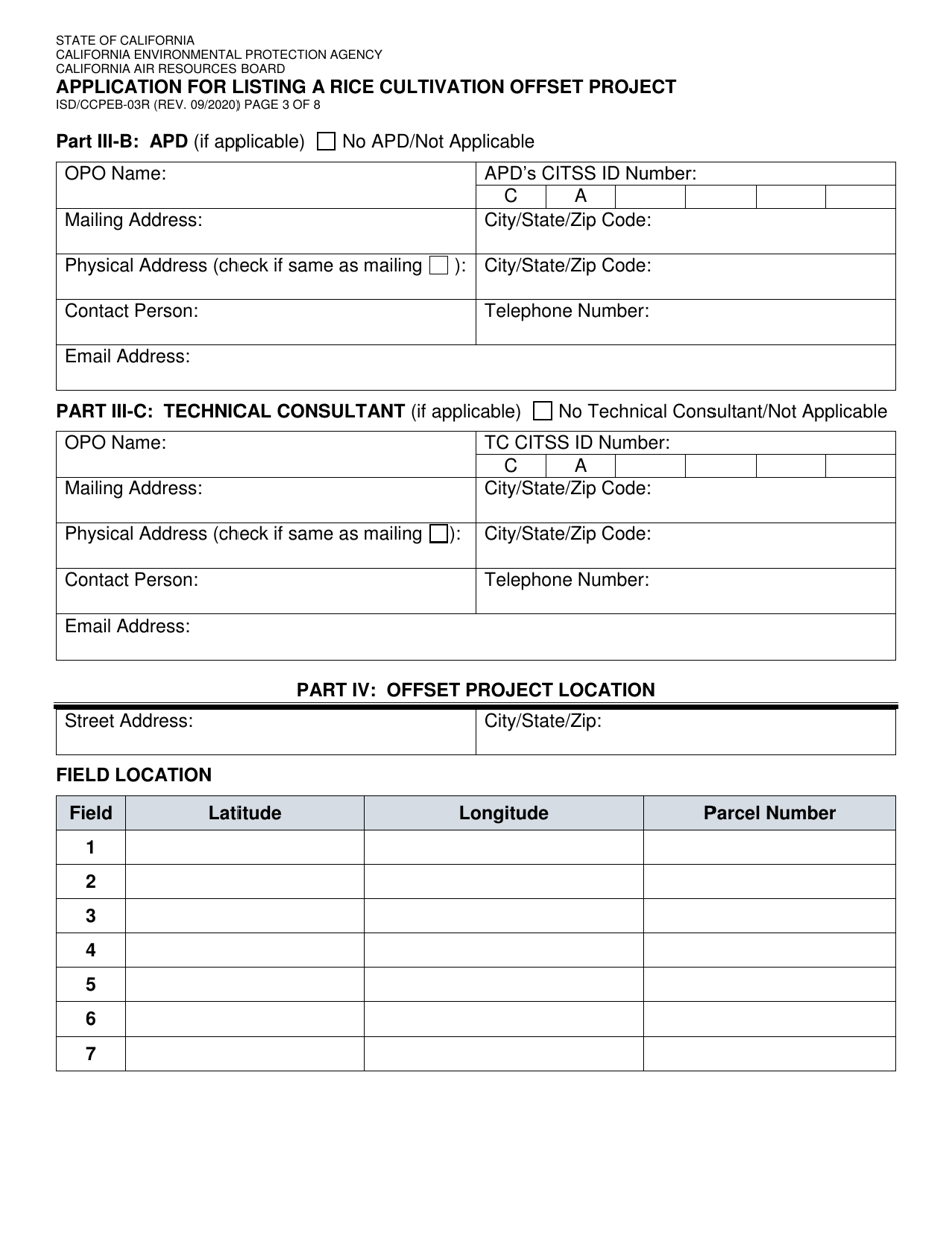 Form ISD / CCPEB-03R Application for Listing a Rice Cultivation Offset Project - California, Page 3