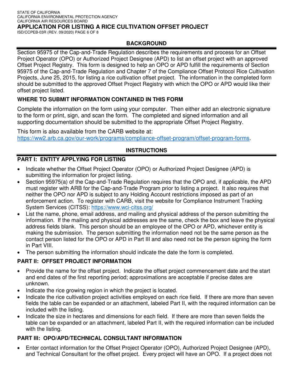 Form ISD / CCPEB-03R Application for Listing a Rice Cultivation Offset Project - California, Page 6