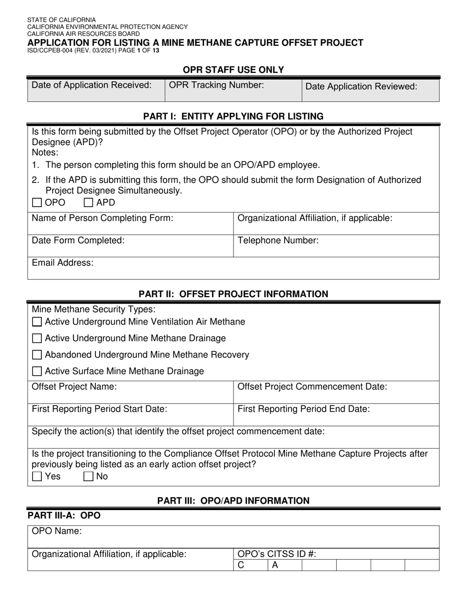 Form ISD / CCPEB-004 Application for Listing a Mine Methane Capture Offset Project - California, Page 1