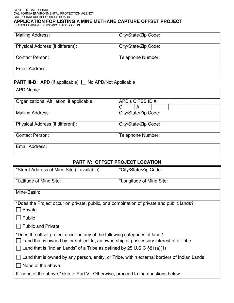Form ISD / CCPEB-004 Application for Listing a Mine Methane Capture Offset Project - California, Page 2