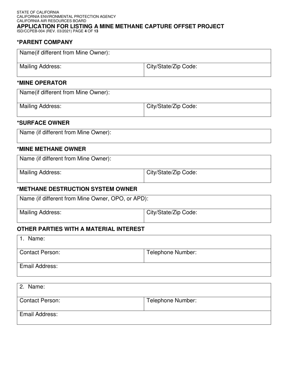 Form ISD / CCPEB-004 Application for Listing a Mine Methane Capture Offset Project - California, Page 4