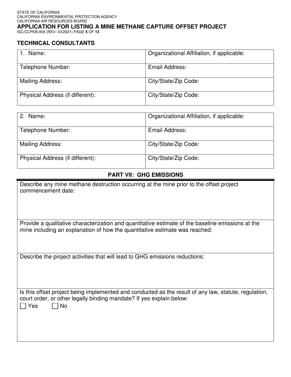 Form ISD / CCPEB-004 Application for Listing a Mine Methane Capture Offset Project - California, Page 5