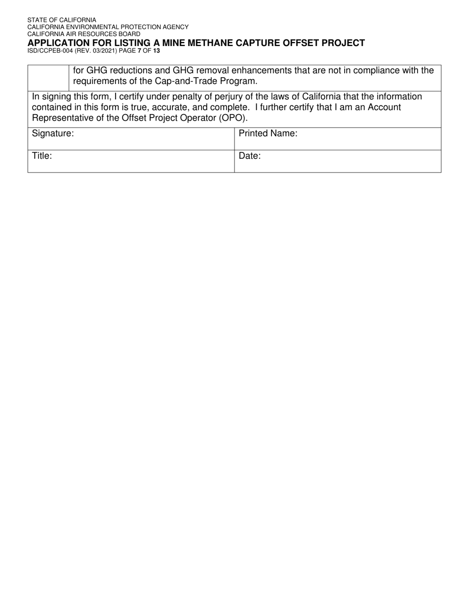 Form ISD / CCPEB-004 Application for Listing a Mine Methane Capture Offset Project - California, Page 7