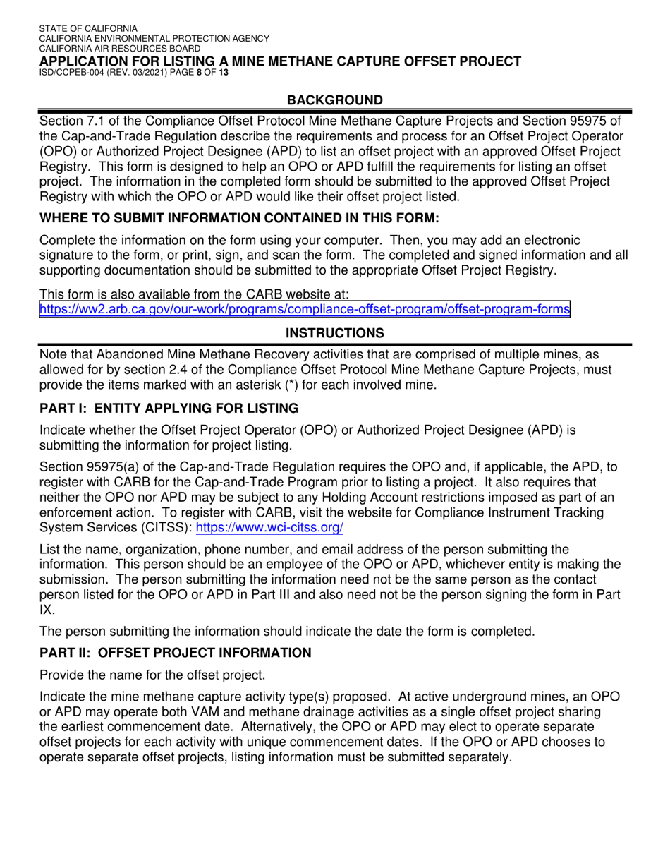 Form ISD / CCPEB-004 Application for Listing a Mine Methane Capture Offset Project - California, Page 8