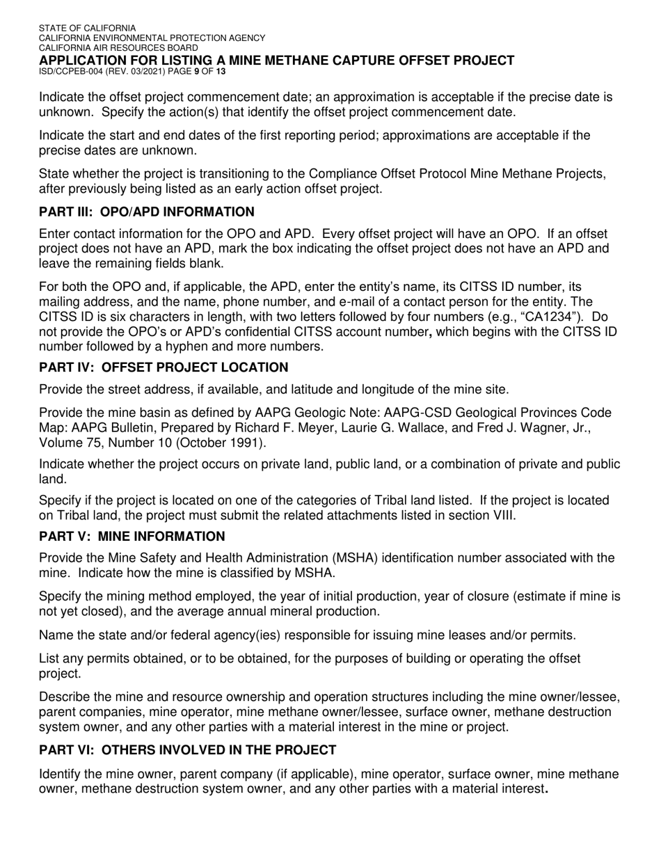 Form ISD / CCPEB-004 Application for Listing a Mine Methane Capture Offset Project - California, Page 9