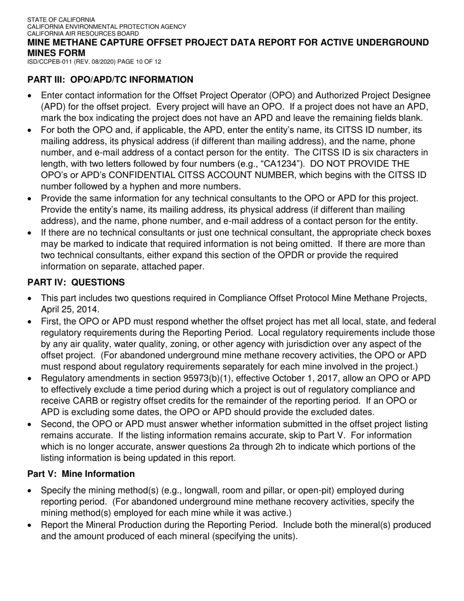 Form ISD / CCPEB-011 Mine Methane Capture Offset Project Data Report for Active Underground Mines Form - California, Page 10