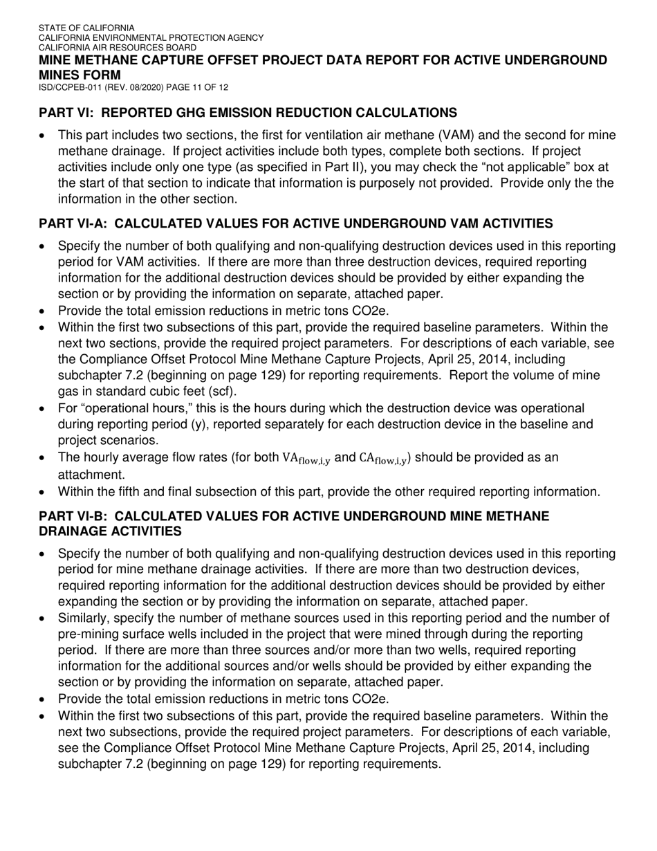 Form ISD / CCPEB-011 Mine Methane Capture Offset Project Data Report for Active Underground Mines Form - California, Page 11