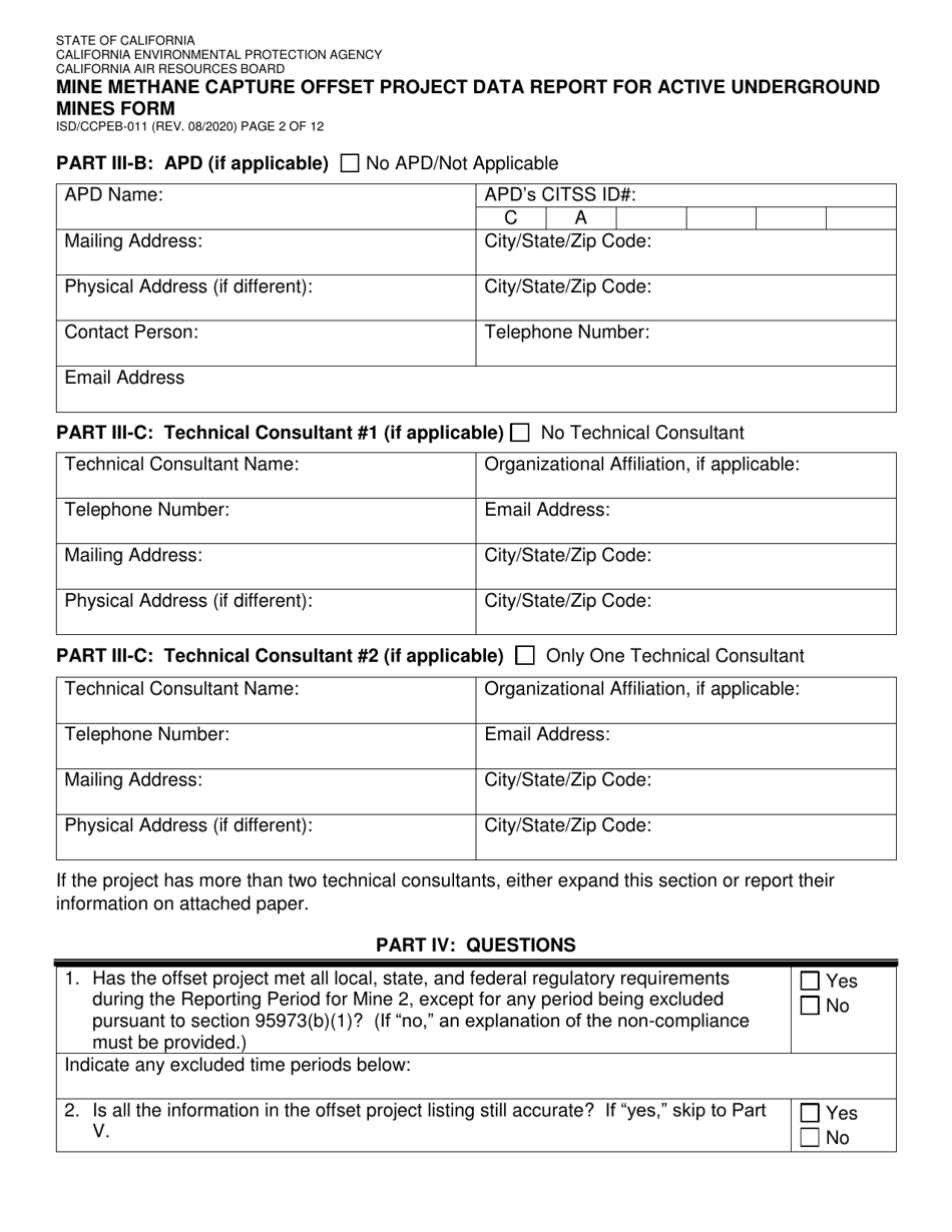 Form ISD / CCPEB-011 Mine Methane Capture Offset Project Data Report for Active Underground Mines Form - California, Page 2