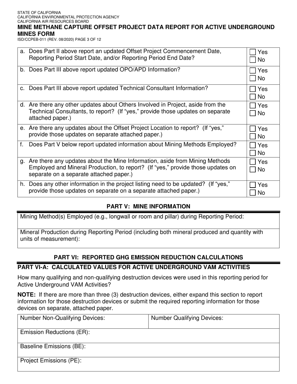 Form ISD / CCPEB-011 Mine Methane Capture Offset Project Data Report for Active Underground Mines Form - California, Page 3