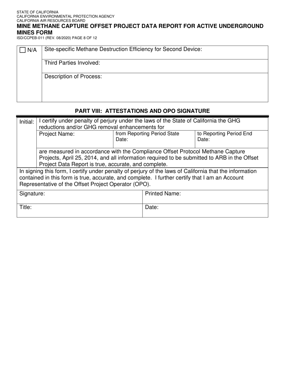 Form ISD / CCPEB-011 Mine Methane Capture Offset Project Data Report for Active Underground Mines Form - California, Page 8