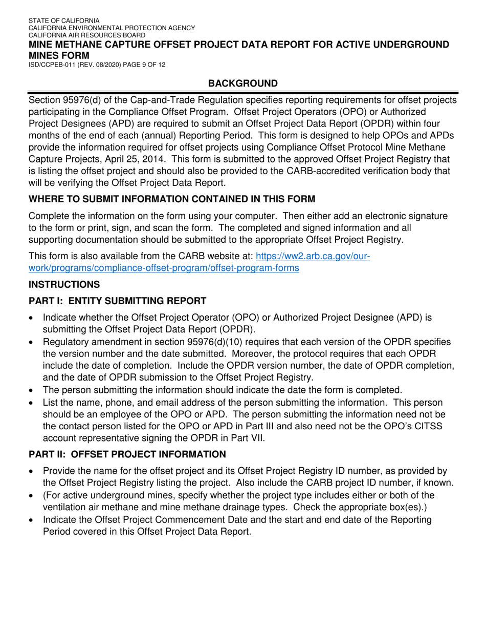 Form ISD / CCPEB-011 Mine Methane Capture Offset Project Data Report for Active Underground Mines Form - California, Page 9