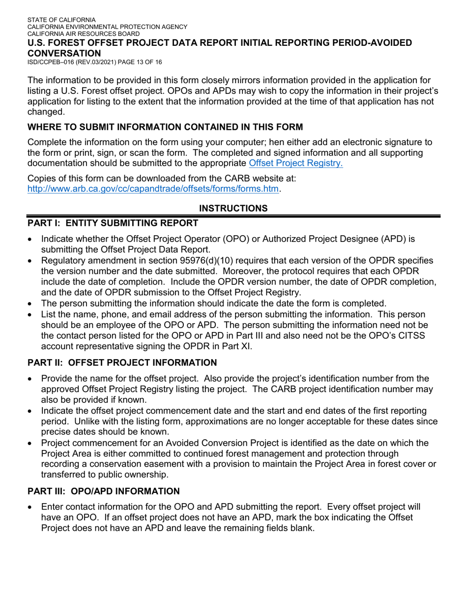 Form ISD / CCPEB-016 U.S. Forest Offset Project Data Report Initial Reporting Period-Avoided Conversation - California, Page 13