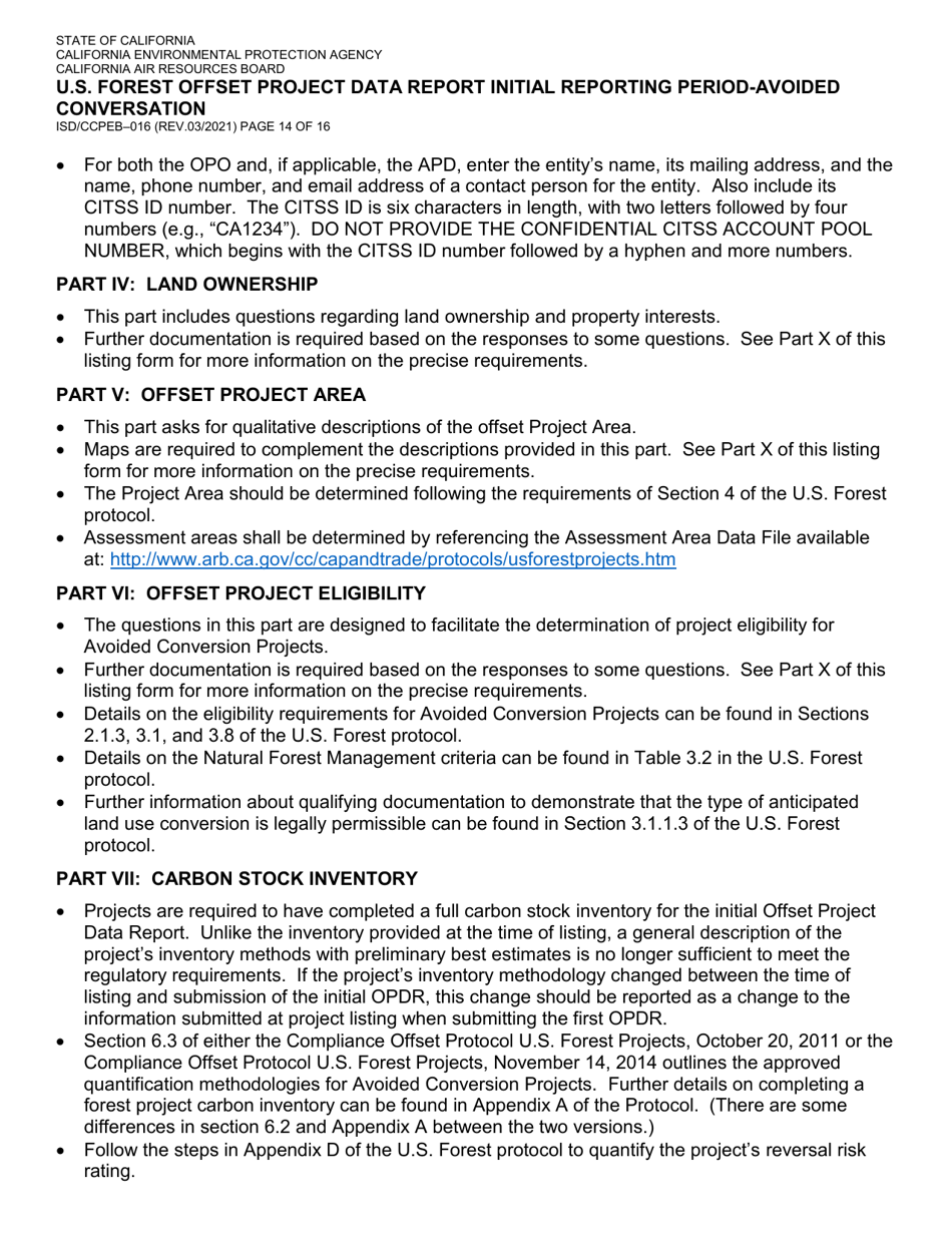Form ISD / CCPEB-016 U.S. Forest Offset Project Data Report Initial Reporting Period-Avoided Conversation - California, Page 14