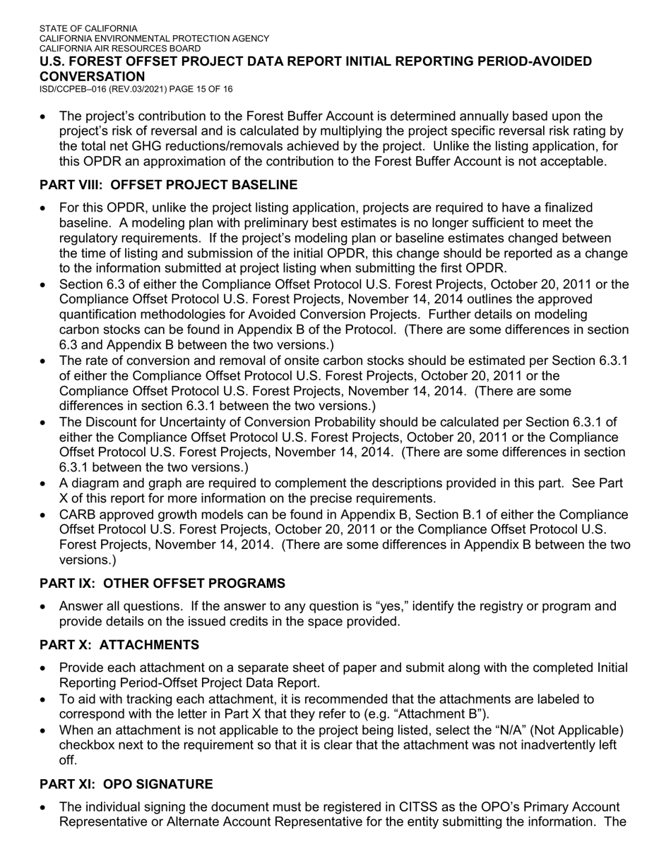 Form ISD / CCPEB-016 U.S. Forest Offset Project Data Report Initial Reporting Period-Avoided Conversation - California, Page 15