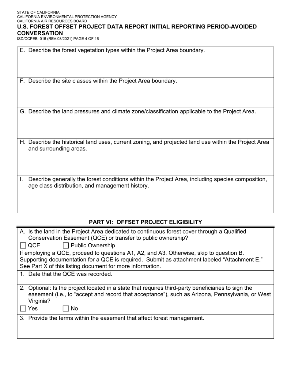 Form ISD / CCPEB-016 U.S. Forest Offset Project Data Report Initial Reporting Period-Avoided Conversation - California, Page 4