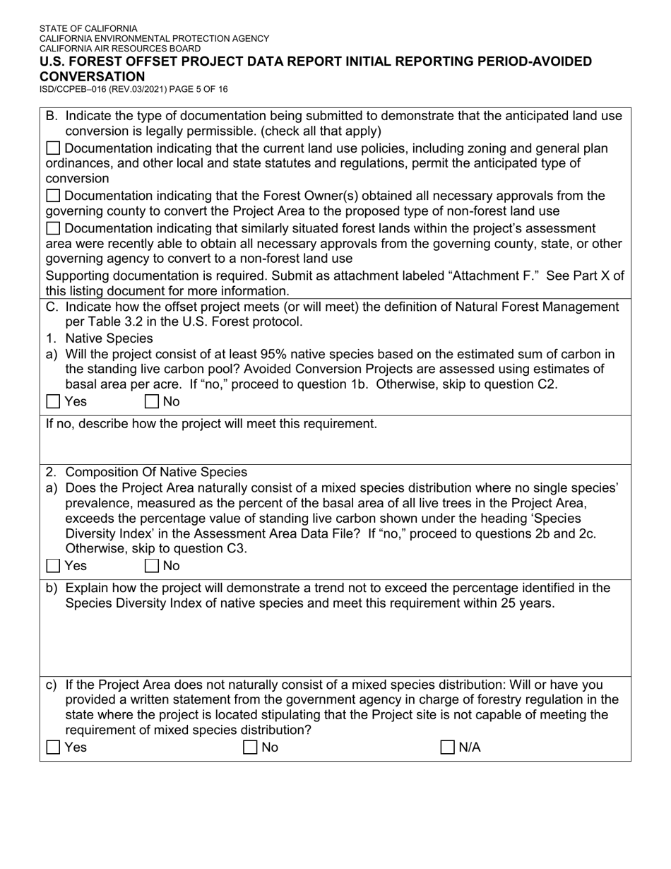 Form ISD / CCPEB-016 U.S. Forest Offset Project Data Report Initial Reporting Period-Avoided Conversation - California, Page 5