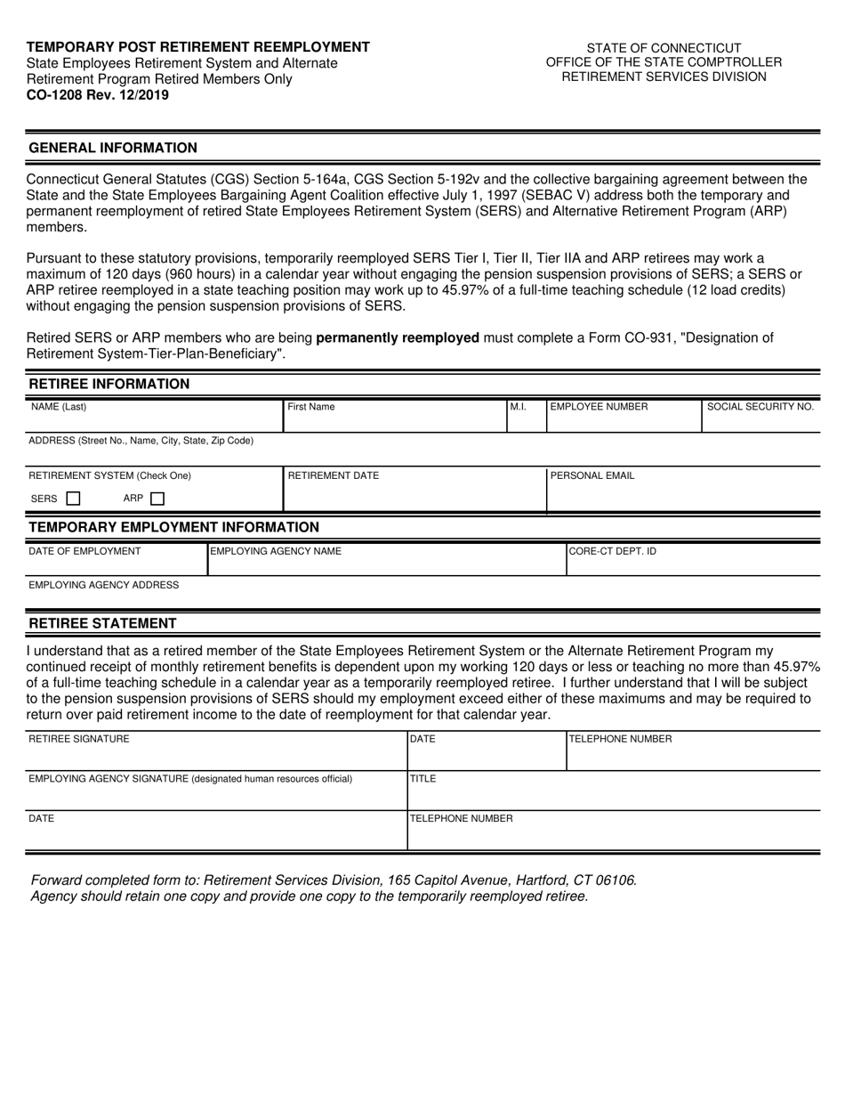 Form CO-1208 Temporary Post Retirement Reemployment - Connecticut, Page 1