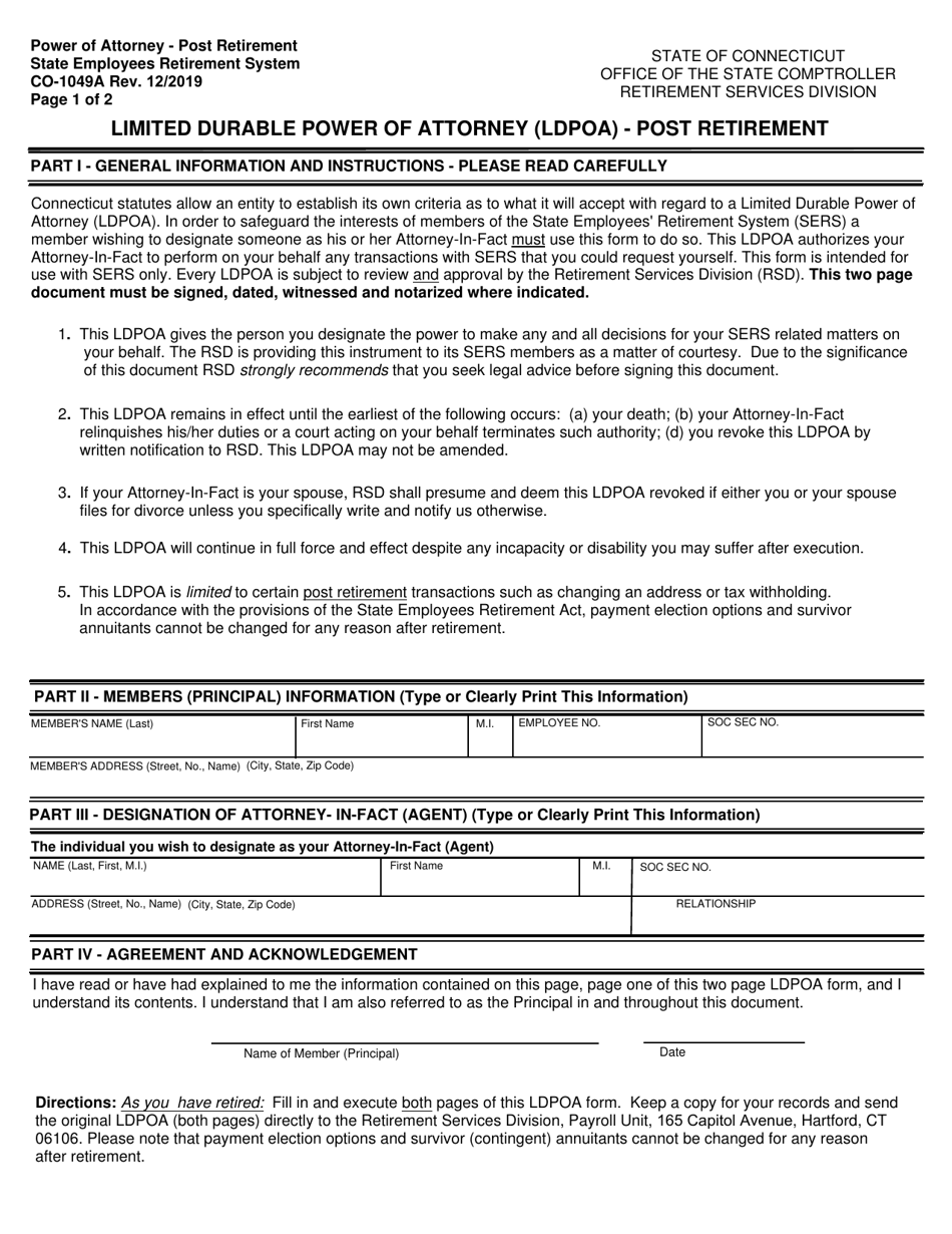 Form CO-1049A Limited Durable Power of Attorney (Ldpoa) - Post Retirement - Connecticut, Page 1