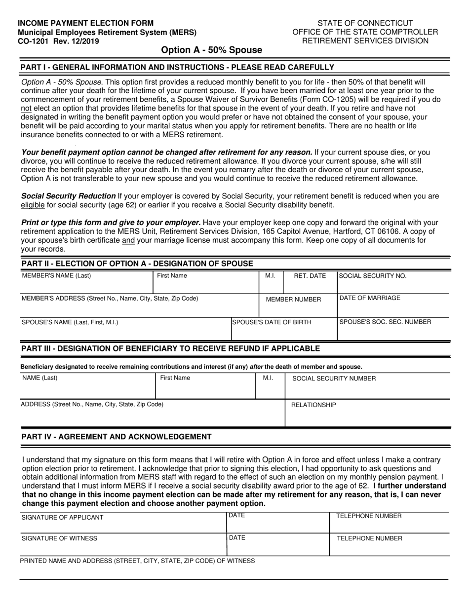 Form CO-1201 Mers Income Payment Election Form - Option a - 50% Spouse - Connecticut, Page 1