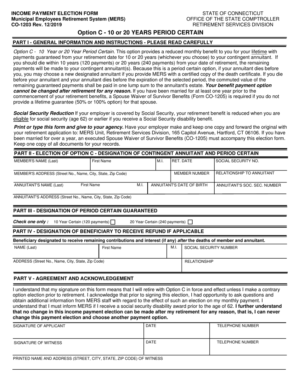 Form CO-1203 Mers Income Payment Election Form - Option C - 10 or 20 Years Period Certain - Connecticut, Page 1