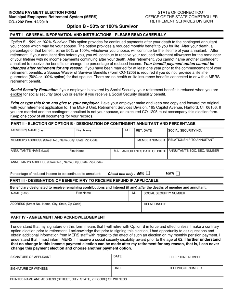 Form CO-1202 Mers Income Payment Election Form- Option B - 50% or 100% Survivor - Connecticut, Page 1
