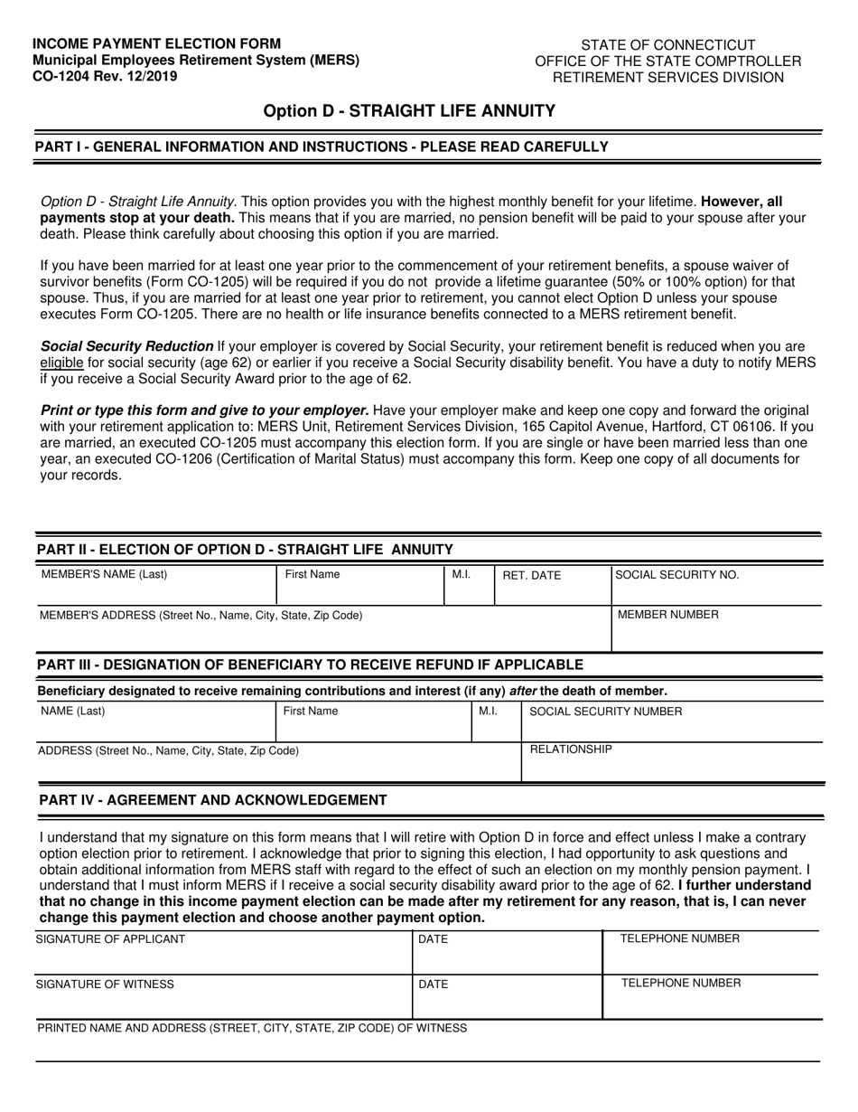 Form CO-1204 Mers Income Payment Election Form - Option D - Straight Life Annuity - Connecticut, Page 1