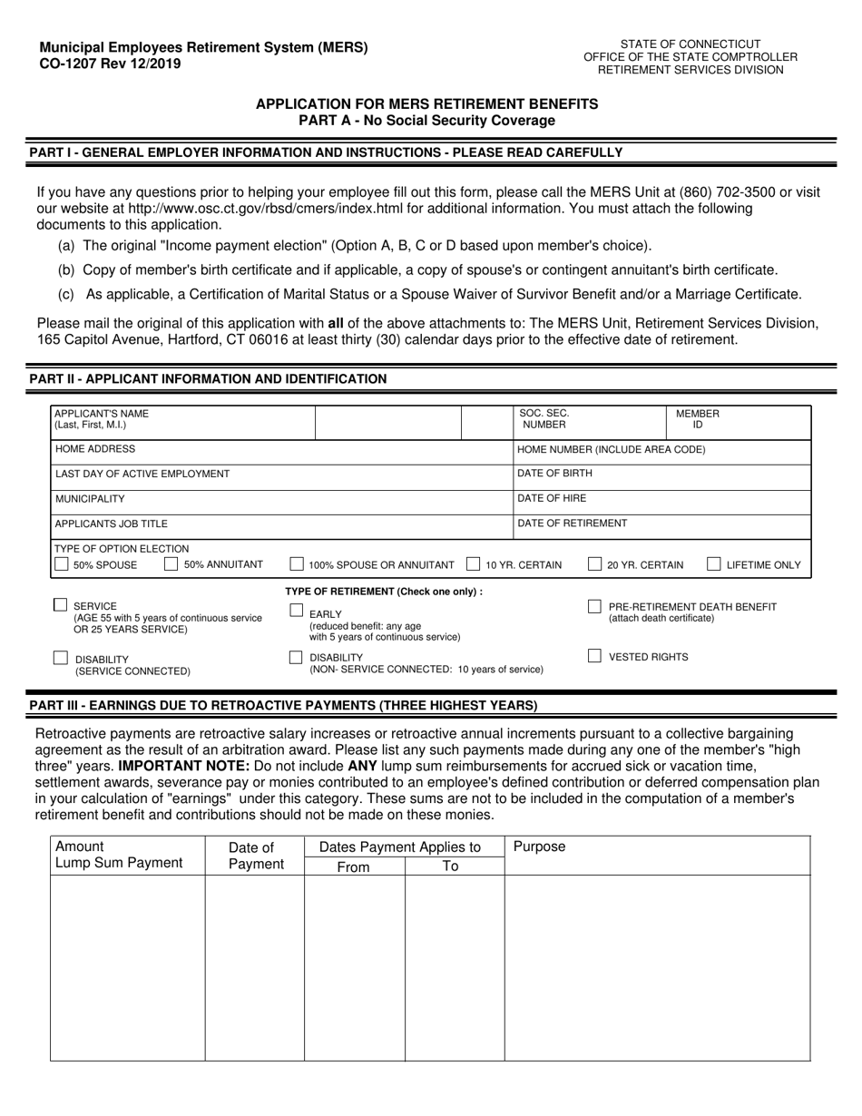 Form CO-1207 Part A Application for Mers Retirement Benefits - No Social Security Coverage - Connecticut, Page 1