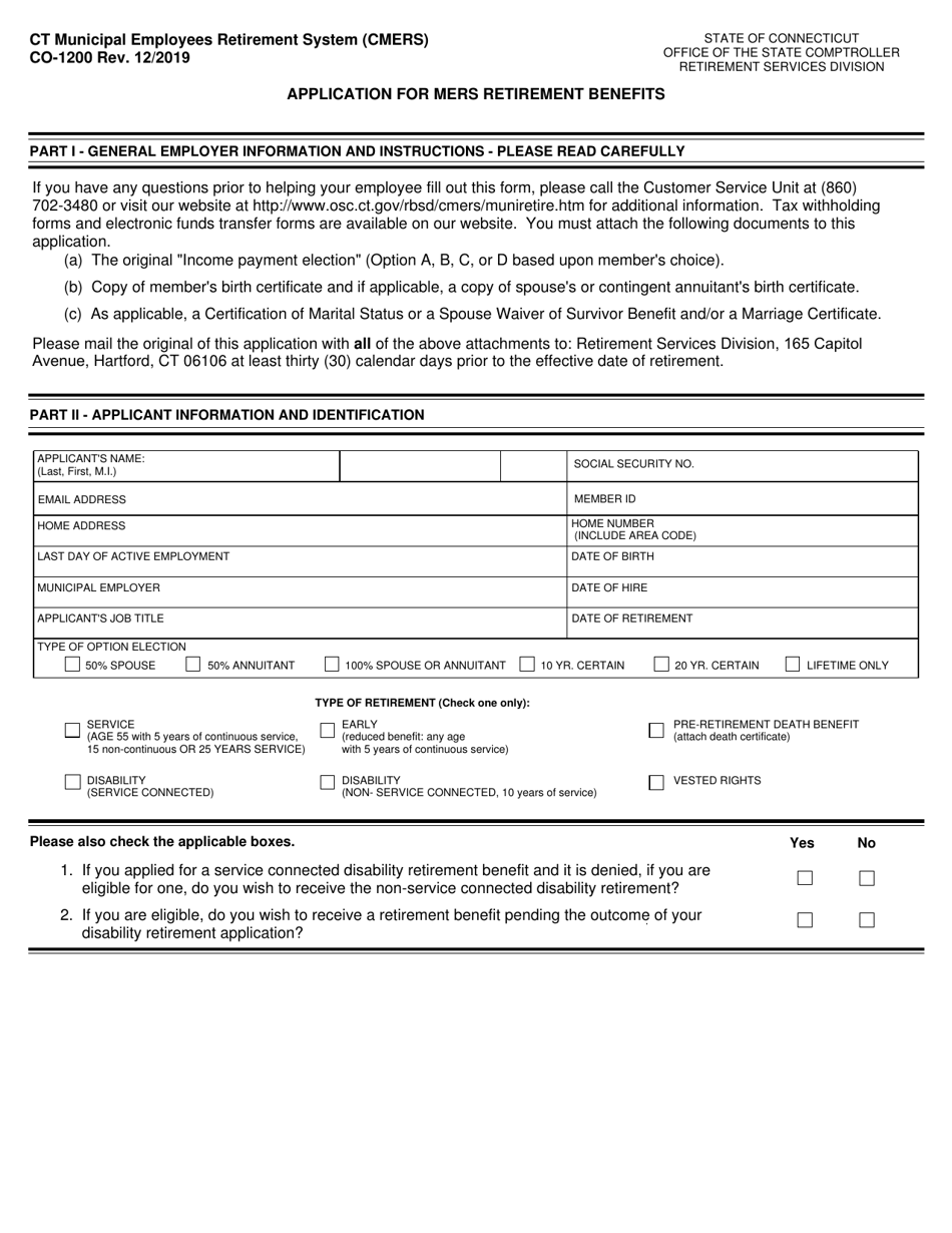 Form CO-1200 Part B Application for Mers Retirement Benefits - Connecticut, Page 1