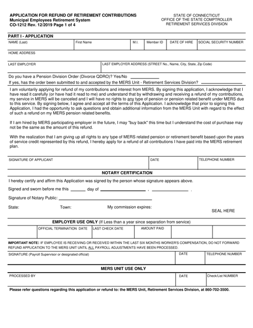 Form CO-1212 Mers Application for Refund of Retirement Contributions for Non-vested Members - Connecticut