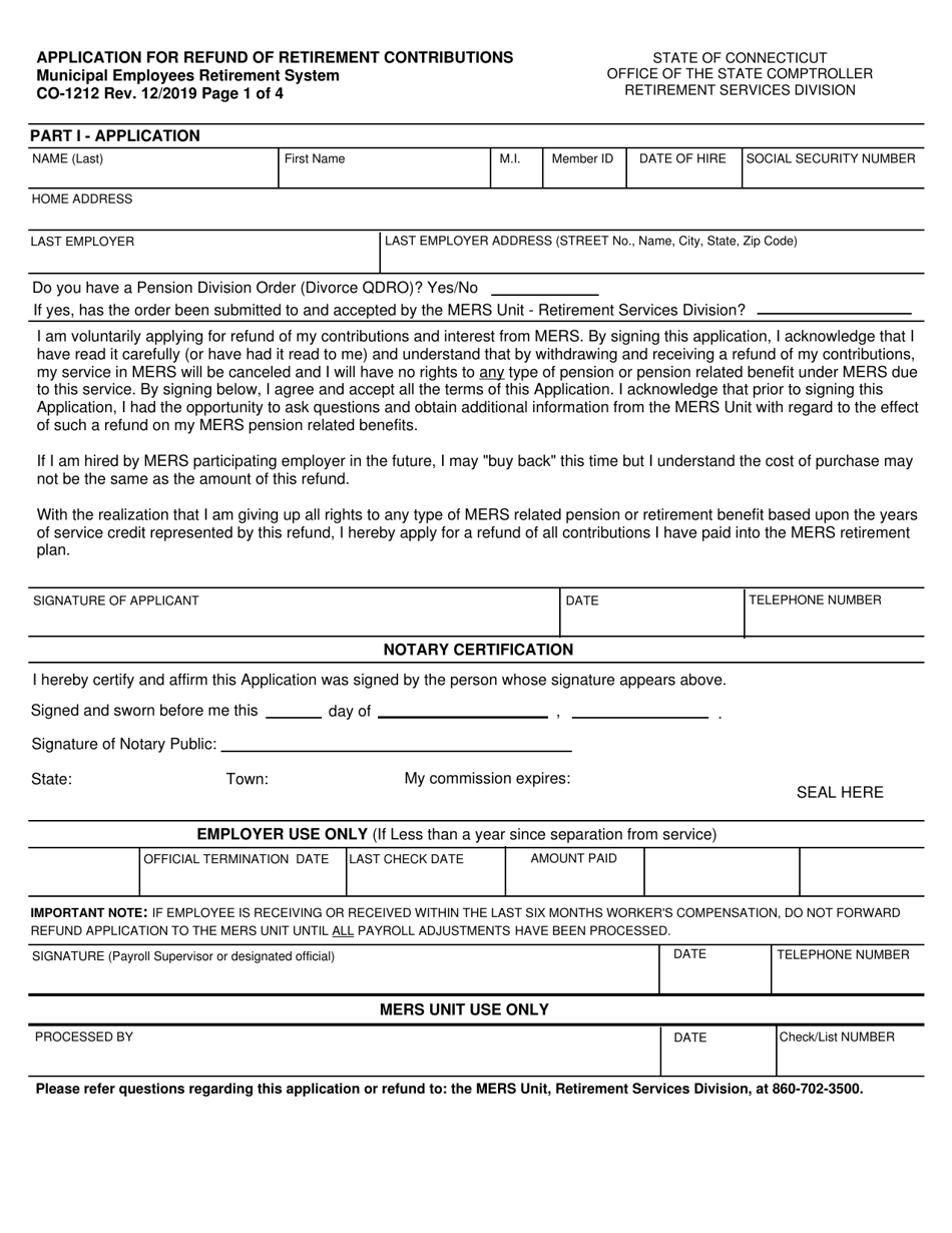 Form CO-1212 Mers Application for Refund of Retirement Contributions for Non-vested Members - Connecticut, Page 1