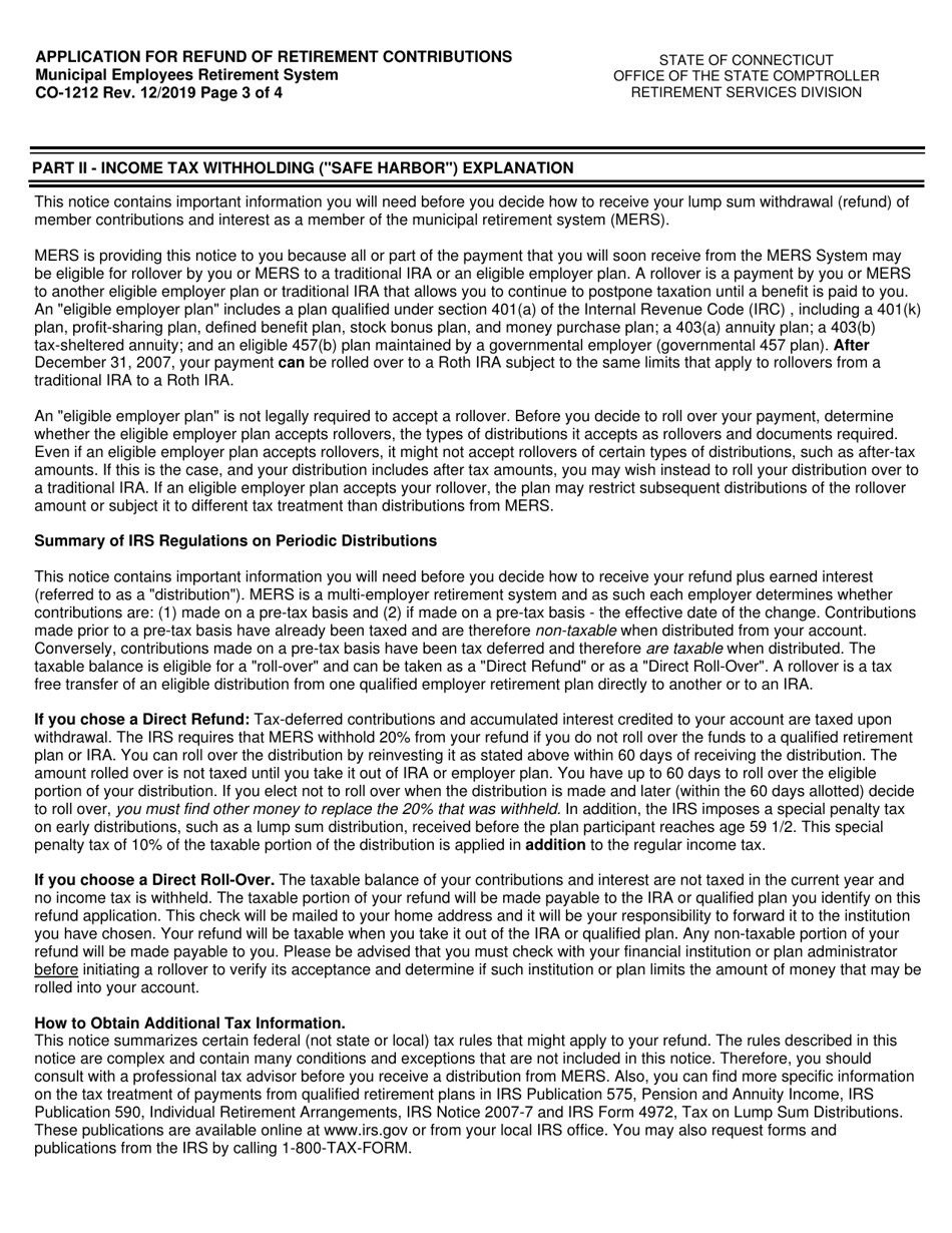 Form CO-1212 Mers Application for Refund of Retirement Contributions for Non-vested Members - Connecticut, Page 3