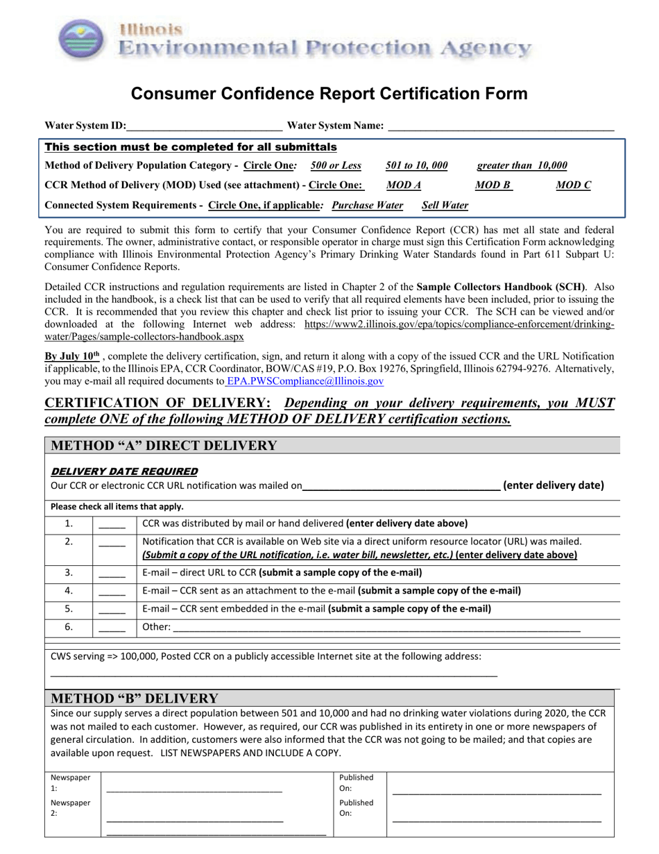 Form PWS294 (IL532-2984) Consumer Confidence Report Certification Form - Illinois, Page 1