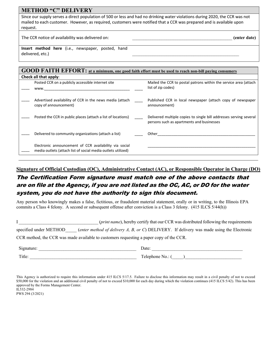 Form PWS294 (IL532-2984) Consumer Confidence Report Certification Form - Illinois, Page 2