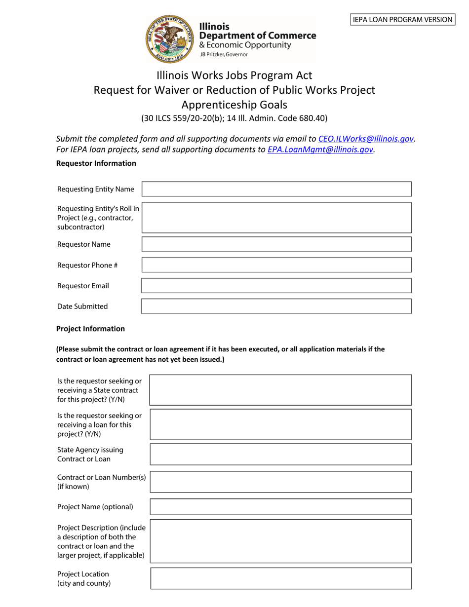 Request for Waiver or Reduction of Public Works Project Apprenticeship Goals - Iepa Loan Program Version - Illinois, Page 1