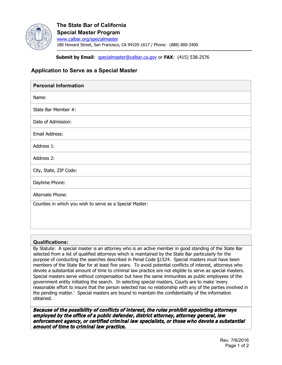 Application to Serve as a Special Master - California, Page 1